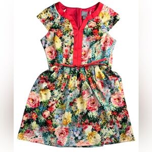 Rabbit Rabbit Rabbit Floral Pink Trim Belted Dress Size 16P Cottagecore Summer